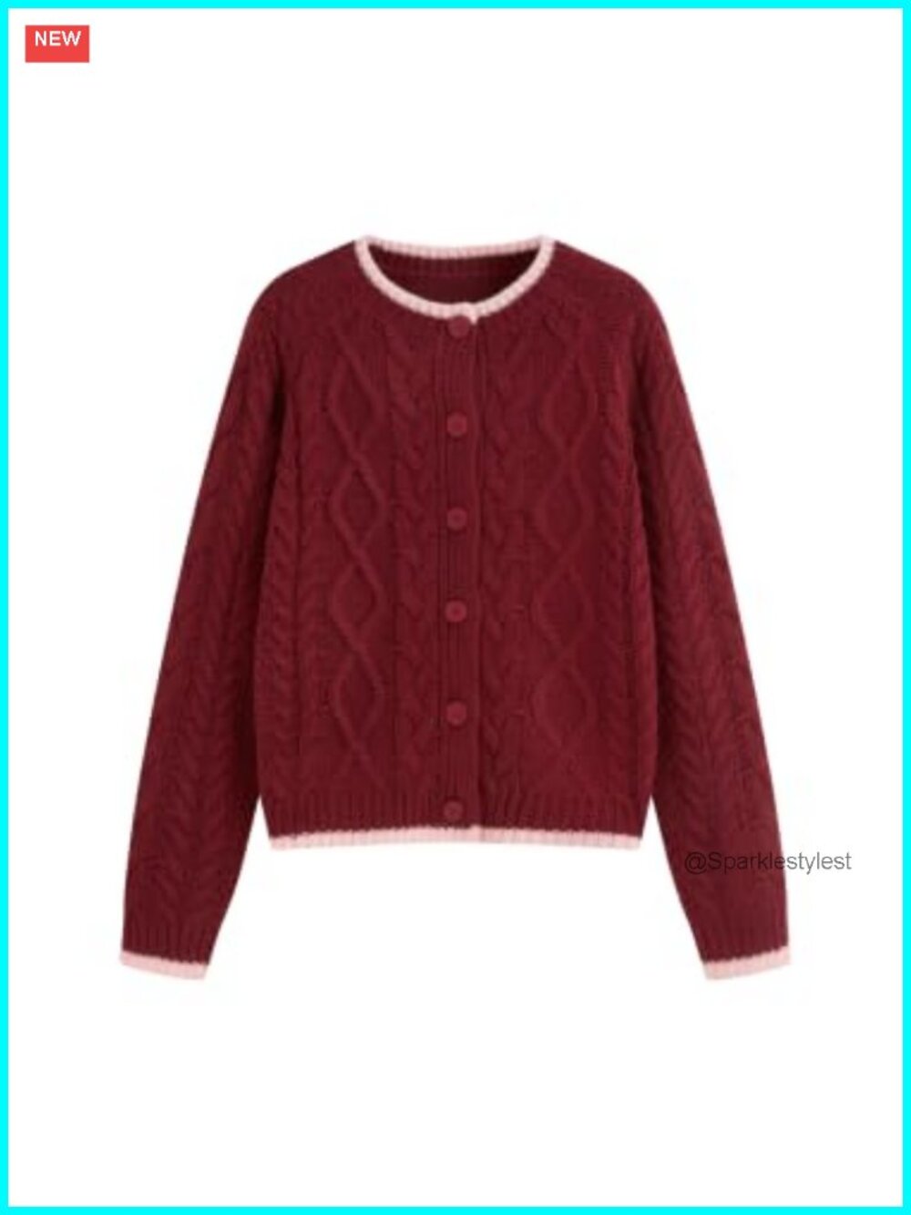 Cable Knit Cropped Cardigan Button Front Contrast Trim
